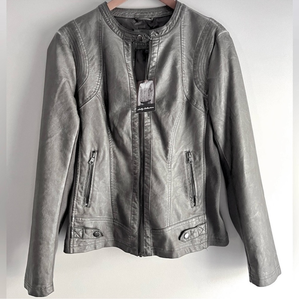 NWT Shelby Collection Grey Faux Leather Moto Jacket Medium - Picture 1 of 11